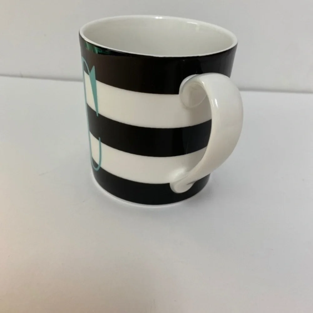 Kate Spade New York Monogram “C” Mug/Cup, 12oz, Black Stripes, Turquoise Initial - Picture 3 of 8